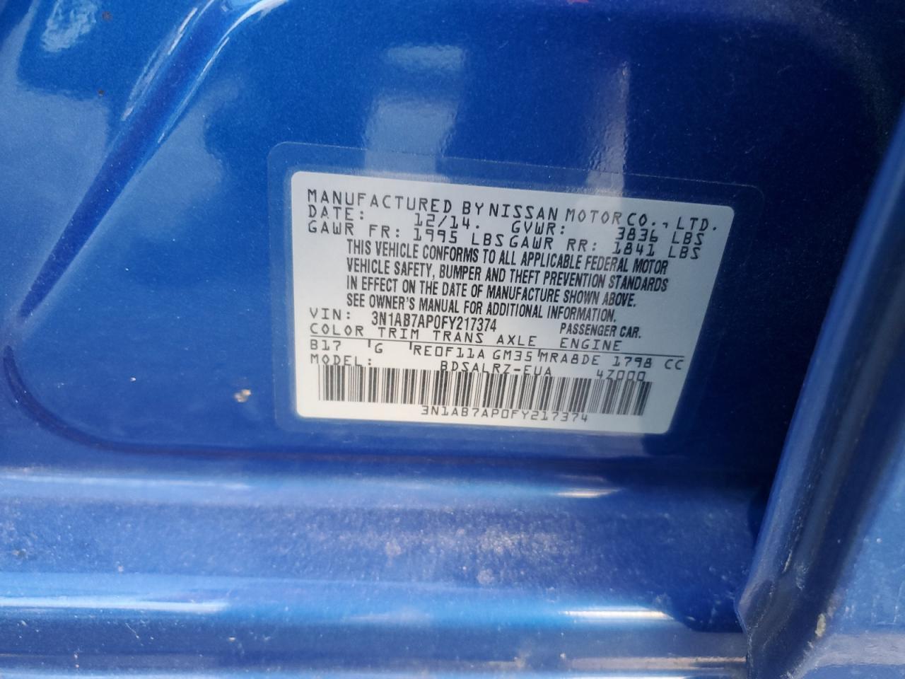 2015 Nissan Sentra S VIN: 3N1AB7AP0FY217374 Lot: 87008025
