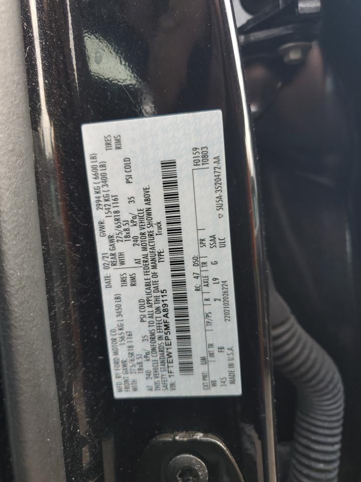 2021 Ford F150 Supercrew VIN: 1FTEW1EP5MFA89115 Lot: 90259795