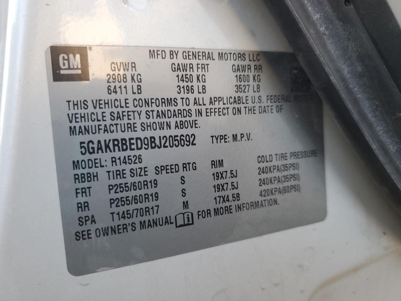 2011 Buick Enclave Cxl VIN: 5GAKRBED9BJ205692 Lot: 90722285