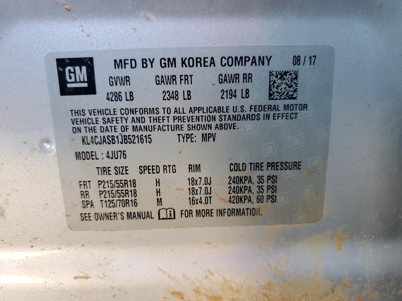 2018 Buick Encore Preferred VIN: KL4CJASB1JB521615 Lot: 89720275