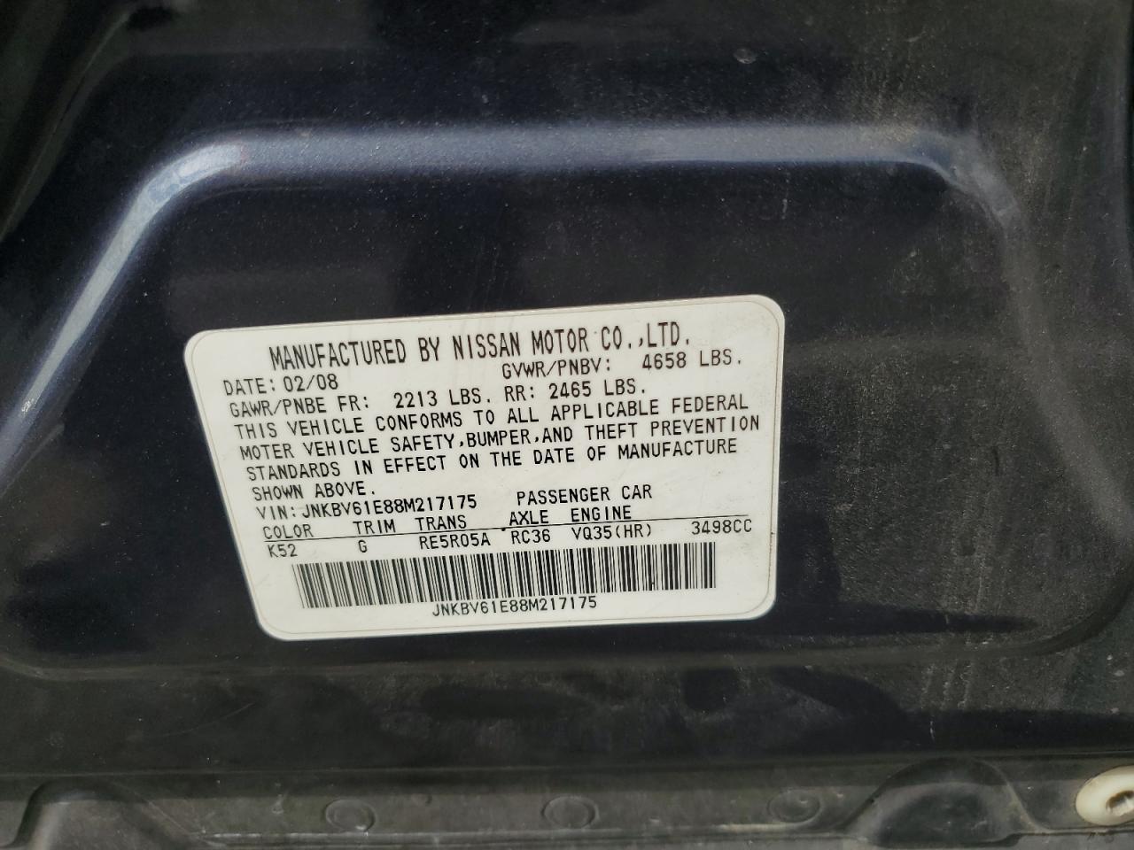2008 Infiniti G35 VIN: JNKBV61E88M217175 Lot: 85918695