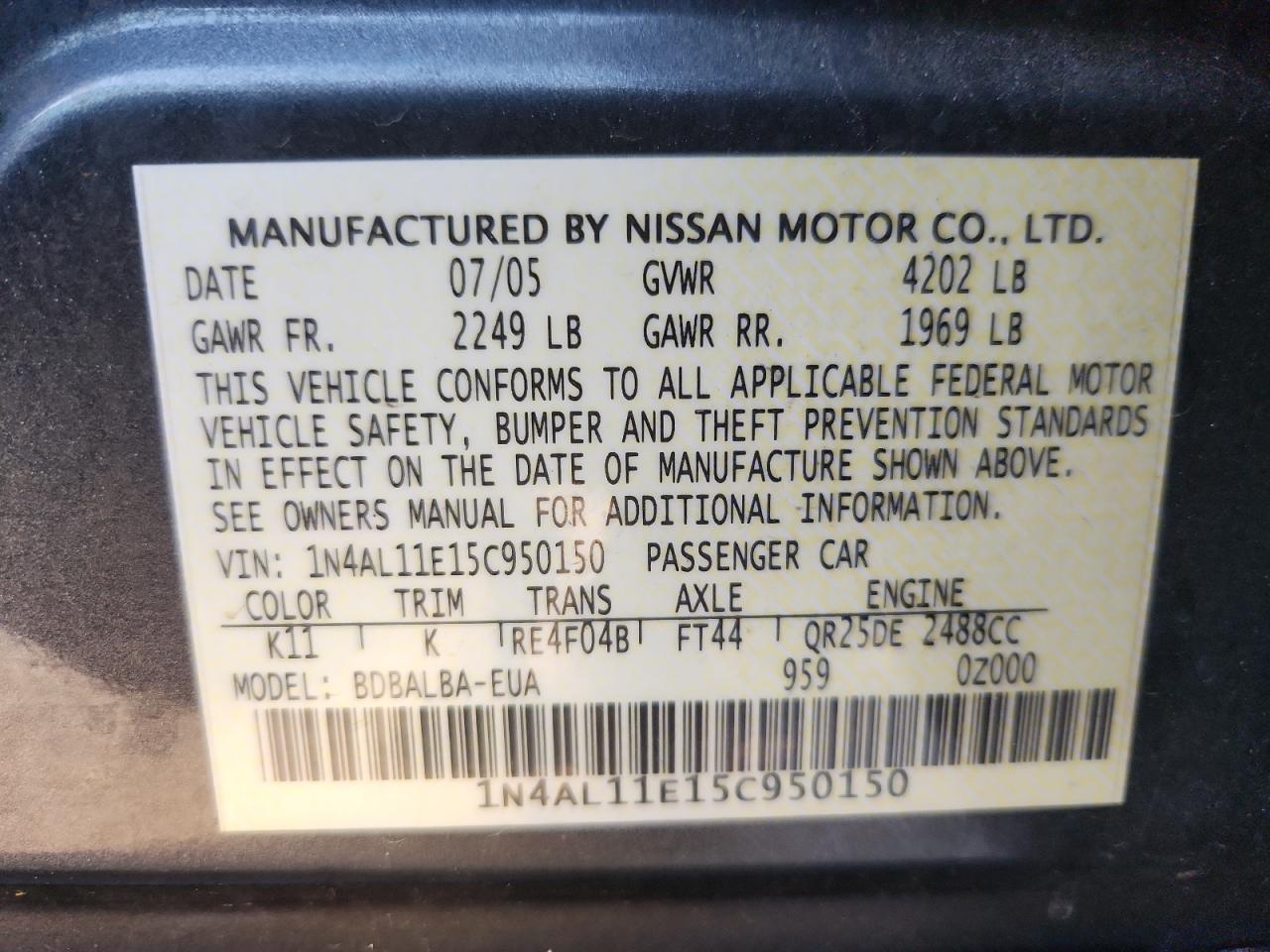 2005 Nissan Altima S VIN: 1N4AL11E15C950150 Lot: 86330085