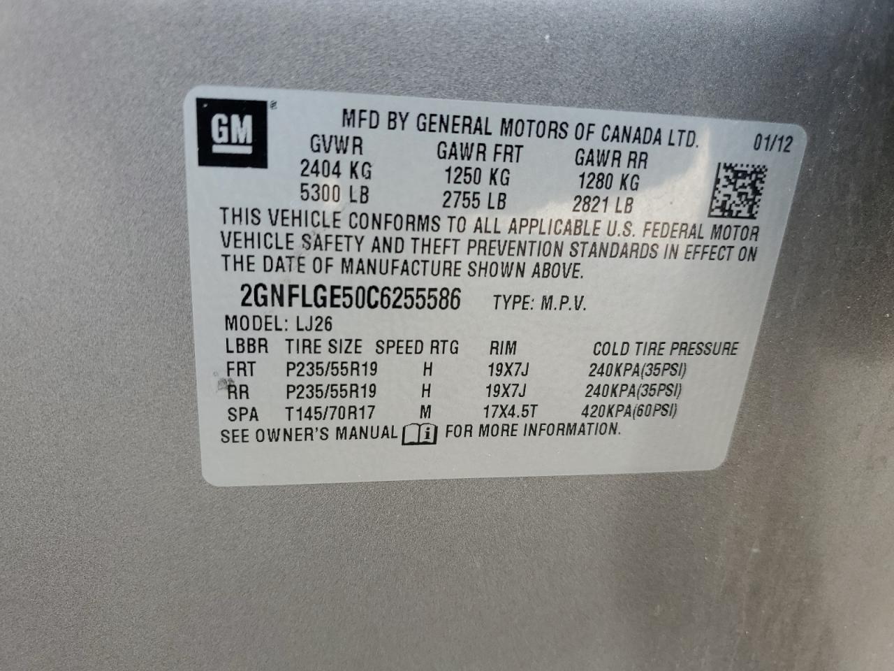 2012 Chevrolet Equinox Ltz VIN: 2GNFLGE50C6255586 Lot: 85939025