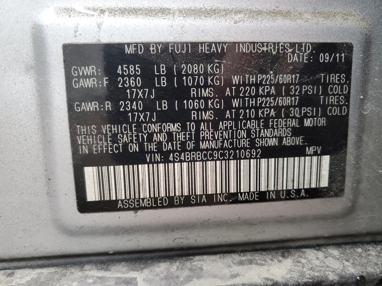 2012 Subaru Outback 2.5I Premium VIN: 4S4BRBCC9C3210692 Lot: 82703535