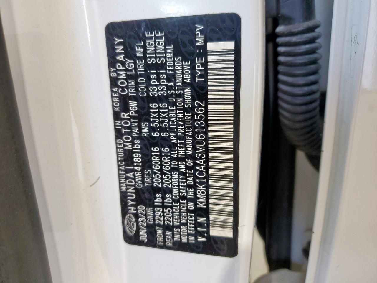 2021 Hyundai Kona Se VIN: KM8K1CAA3MU613562 Lot: 86518315