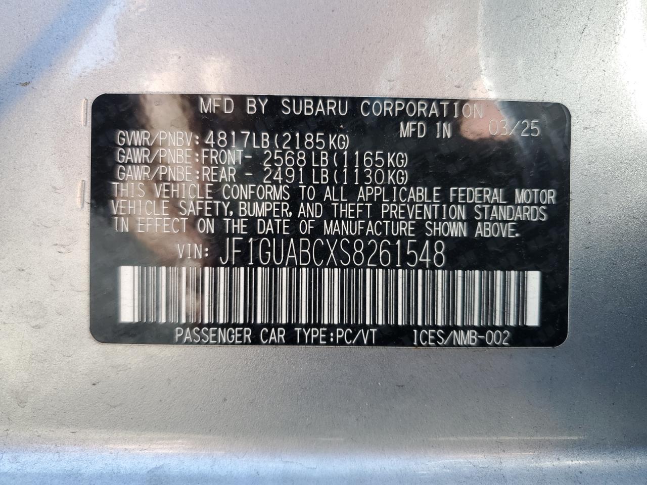 2025 Subaru Impreza VIN: JF1GUABCXS8261548 Lot: 85112775