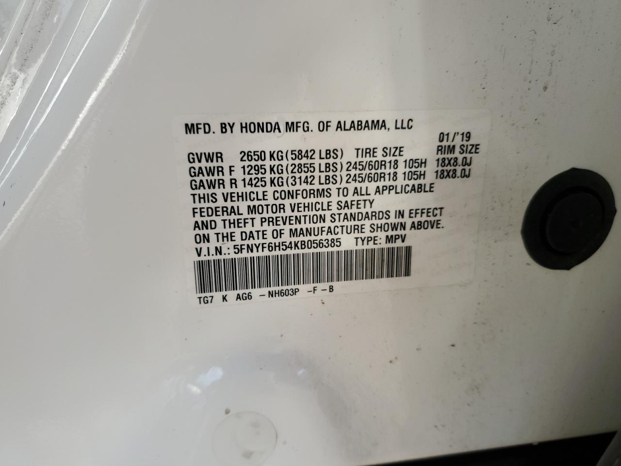 2019 Honda Pilot Exl VIN: 5FNYF6H54KB056385 Lot: 90141785