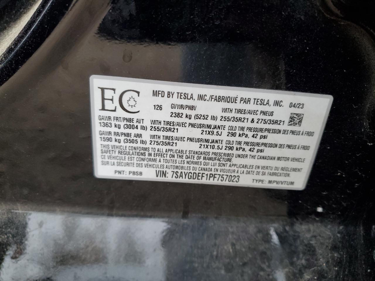 2023 Tesla Model Y VIN: 7SAYGDEF1PF757023 Lot: 90317365