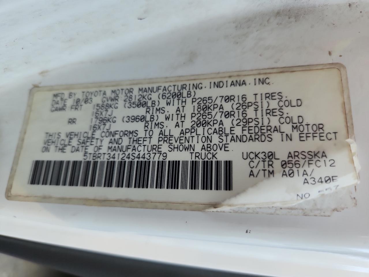 2004 Toyota Tundra Access Cab Sr5 VIN: 5TBRT34124S443779 Lot: 84658705