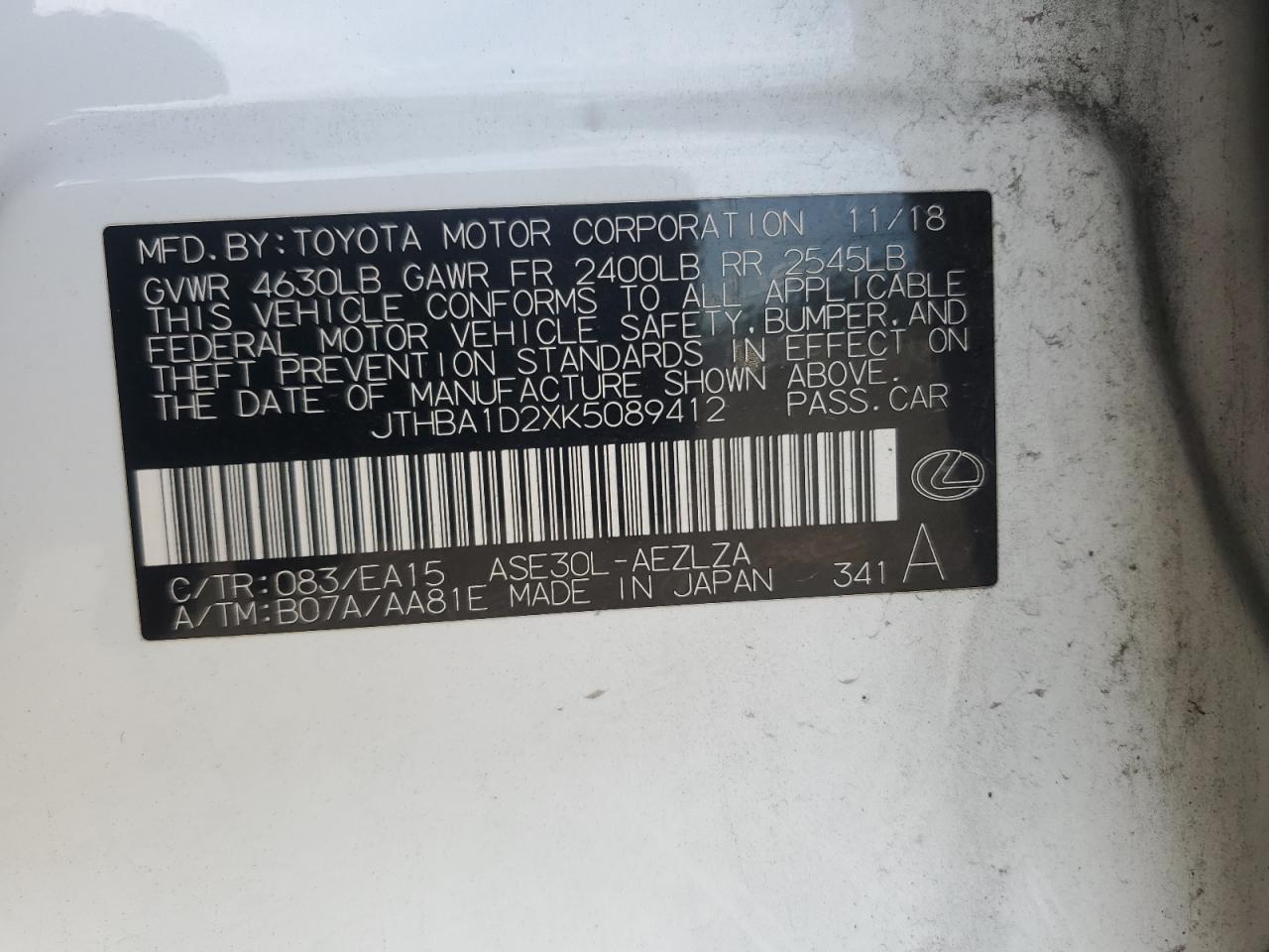 2019 Lexus Is 300 VIN: JTHBA1D2XK5089412 Lot: 89620185