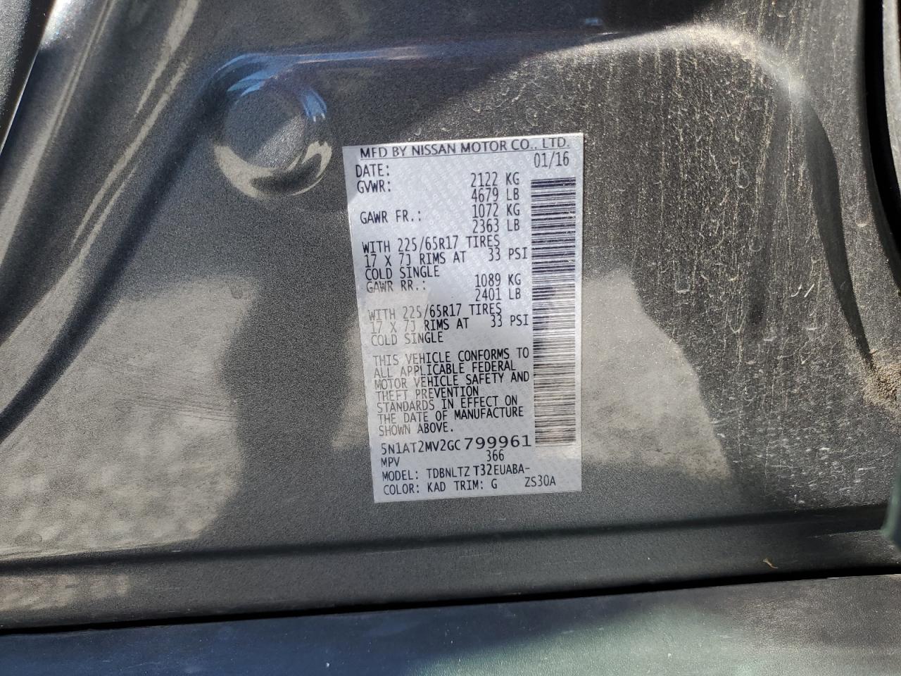 2016 Nissan Rogue S VIN: 5N1AT2MV2GC799961 Lot: 85499295