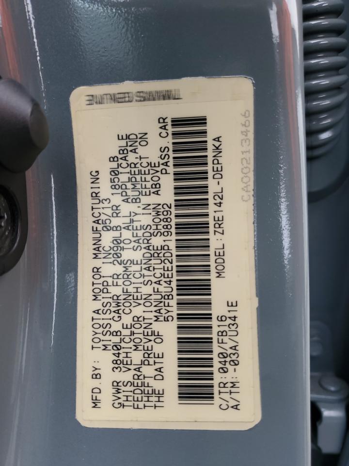 2013 Toyota Corolla Base VIN: 5YFBU4EE2DP198892 Lot: 86505325