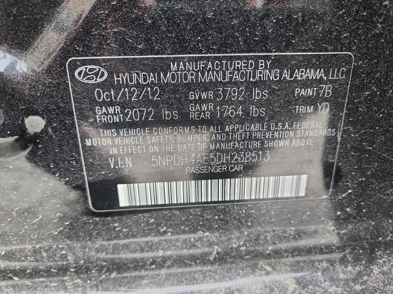 2013 Hyundai Elantra Gls VIN: 5NPDH4AE5DH238513 Lot: 86107205