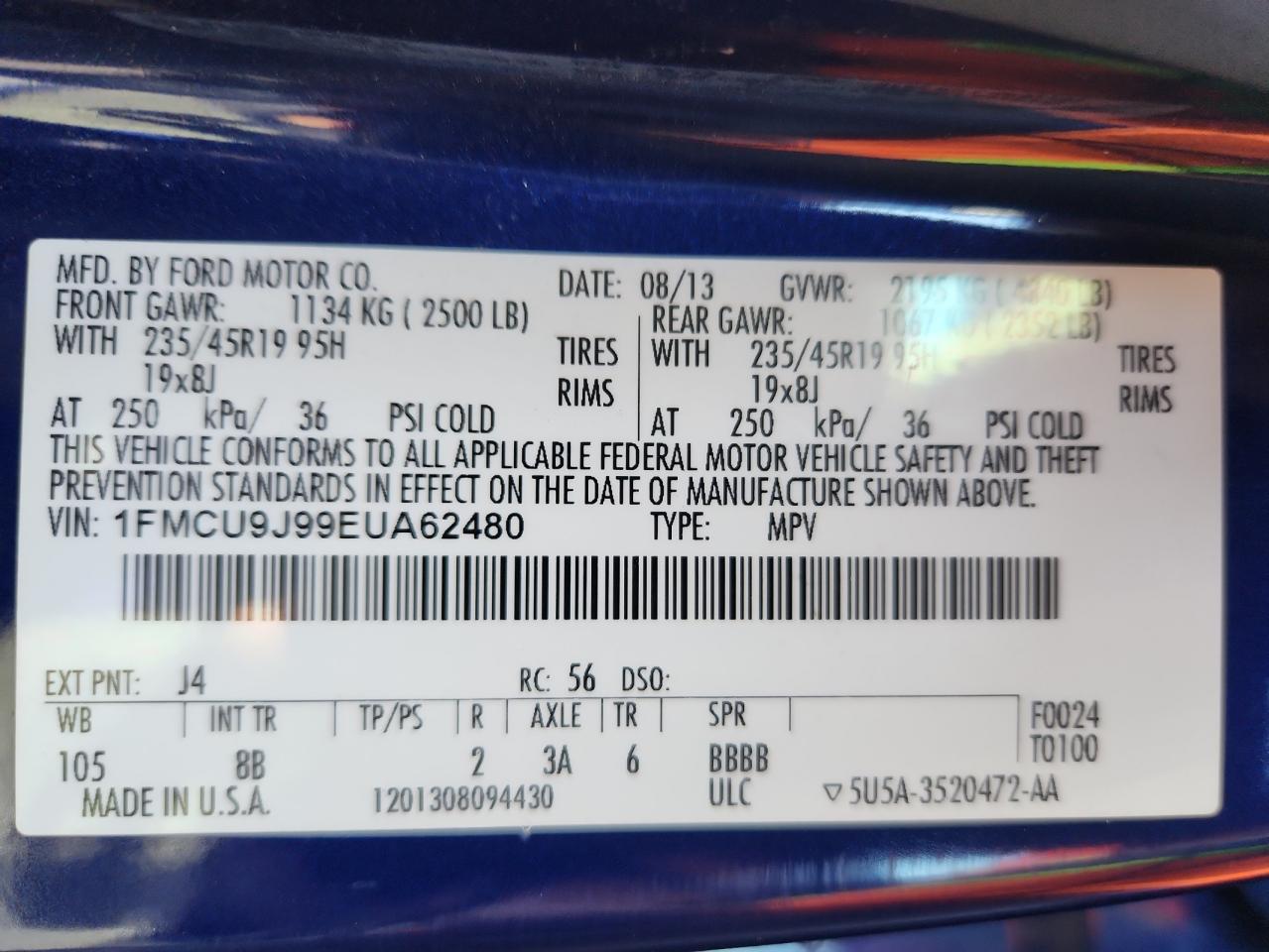 2014 Ford Escape Titanium VIN: 1FMCU9J99EUA62480 Lot: 90117045