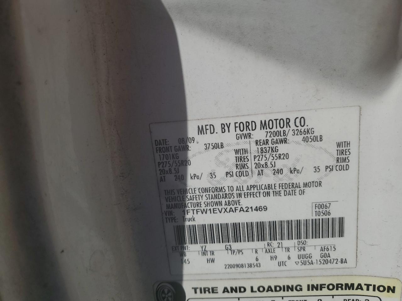 2010 Ford F150 Supercrew VIN: 1FTFW1EVXAFA21469 Lot: 86625845