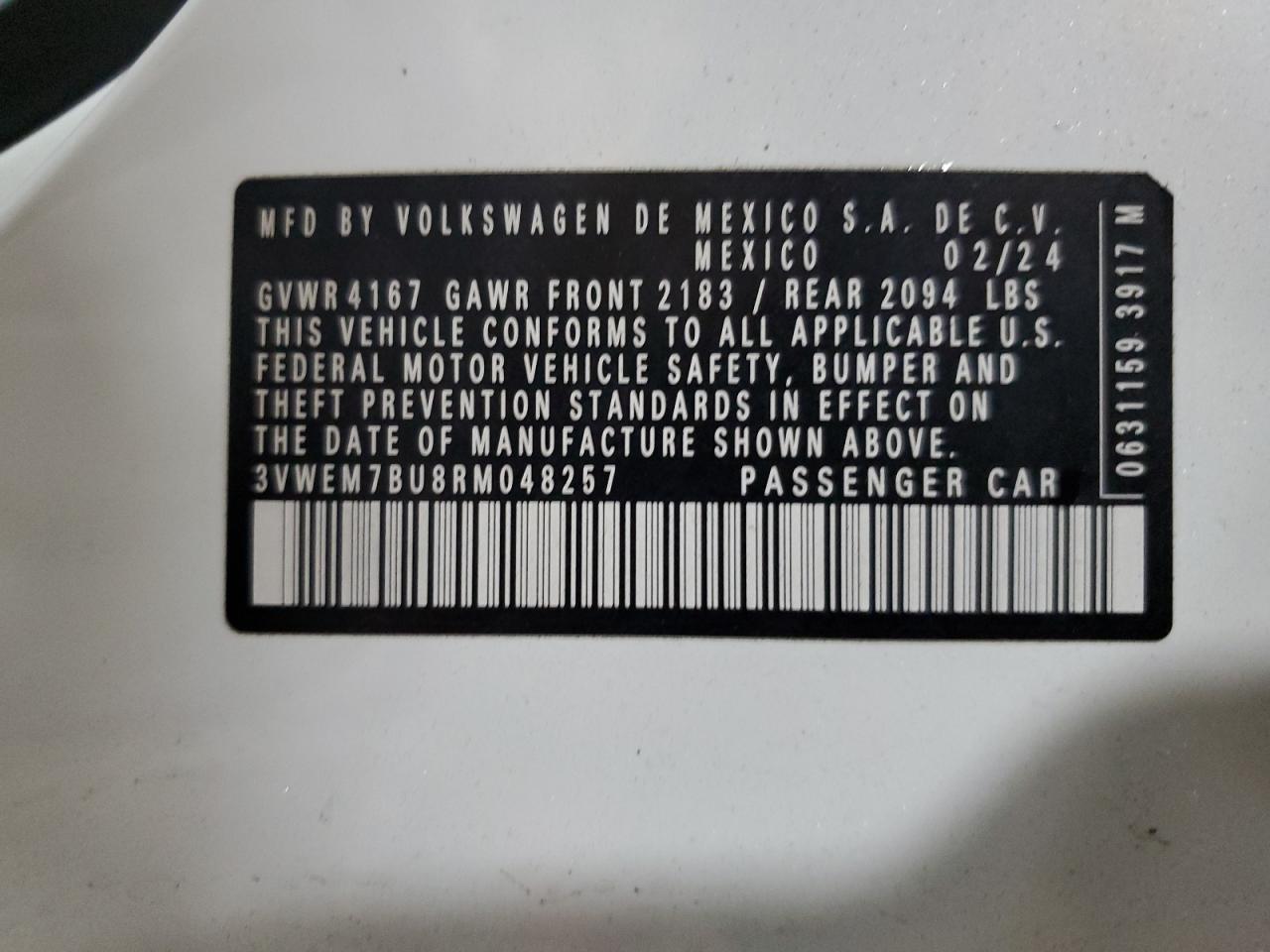 2024 Volkswagen Jetta Se VIN: 3VWEM7BU8RM048257 Lot: 86623815