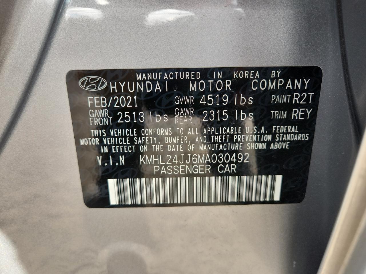 2021 Hyundai Sonata Hybrid VIN: KMHL24JJ6MA030492 Lot: 84024805