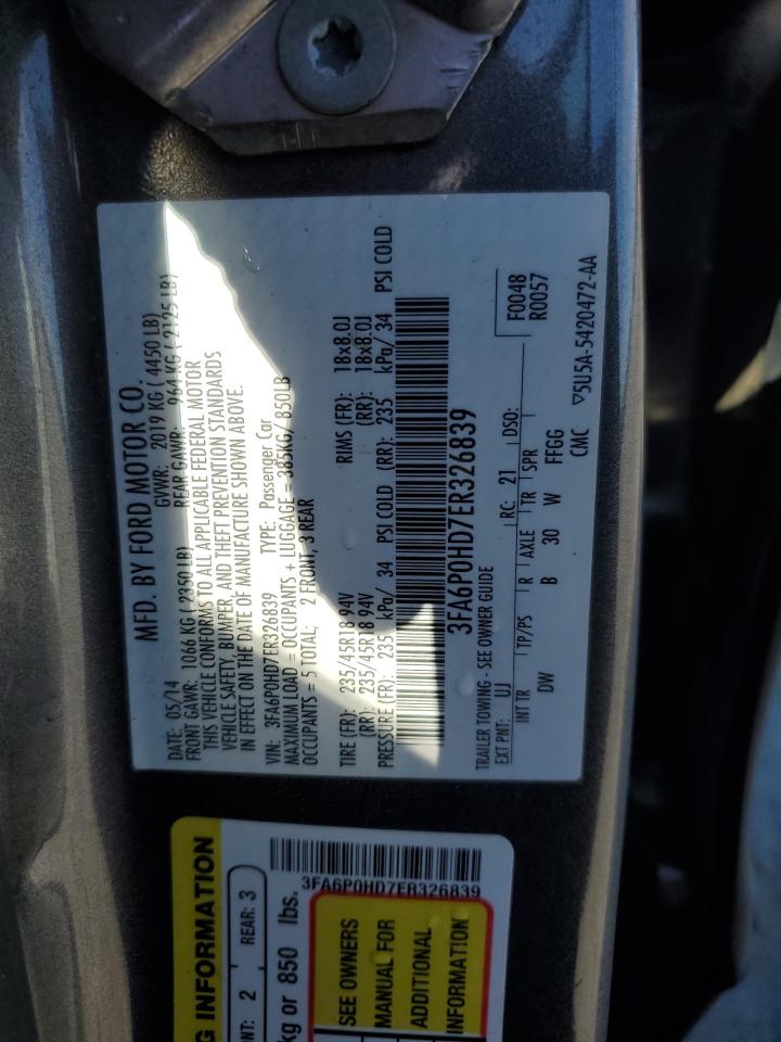 2014 Ford Fusion Se VIN: 3FA6P0HD7ER326839 Lot: 90503745