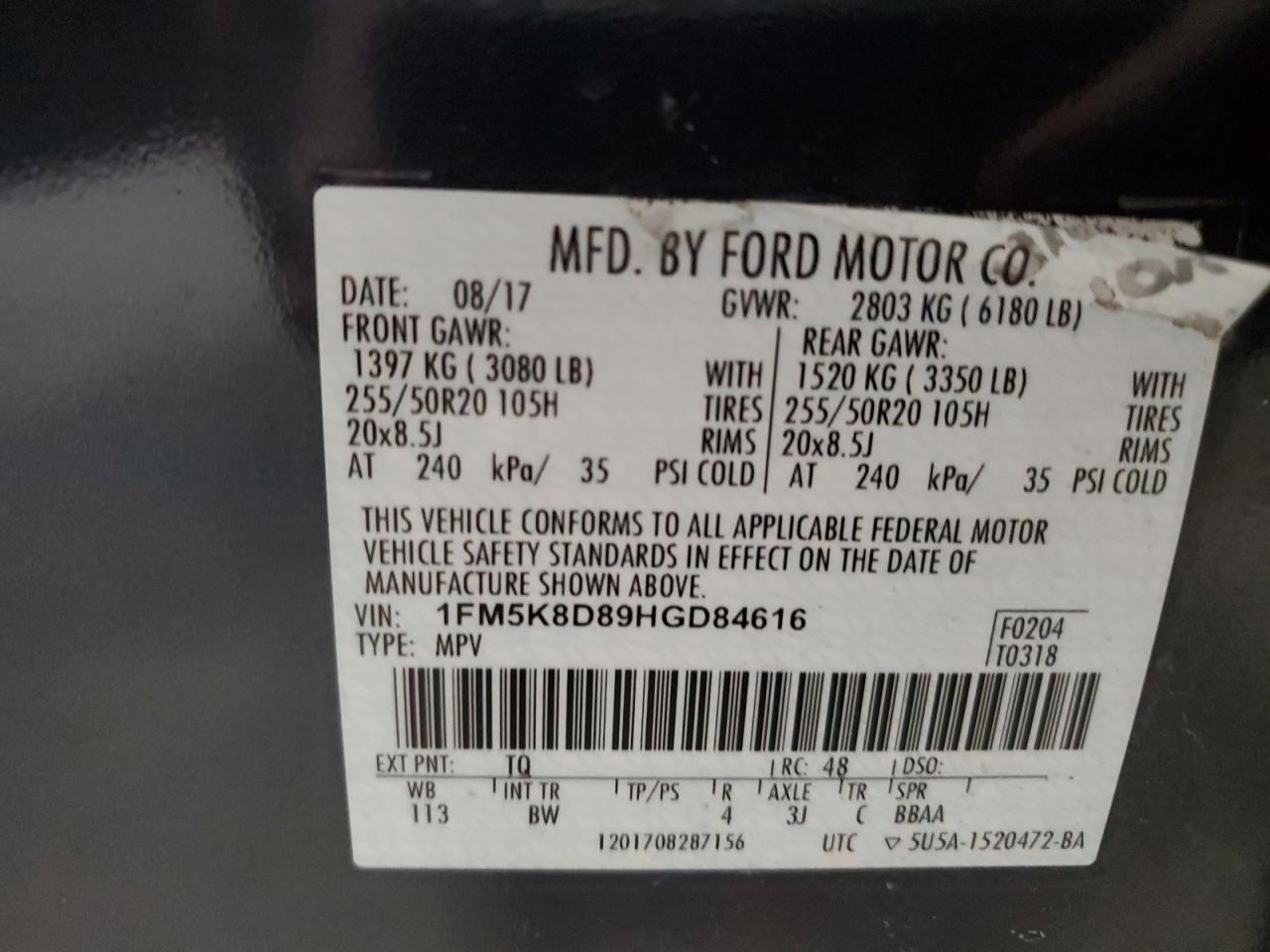 2017 Ford Explorer Xlt VIN: 1FM5K8D89HGD84616 Lot: 84887945