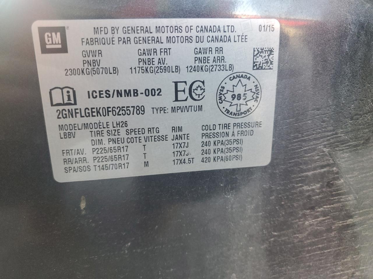 2015 Chevrolet Equinox Lt VIN: 2GNFLGEK0F6255789 Lot: 82206095