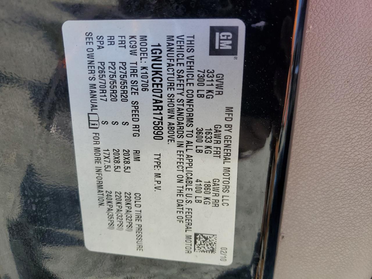 2010 Chevrolet Tahoe K1500 Ltz VIN: 1GNUKCE07AR175890 Lot: 82205985