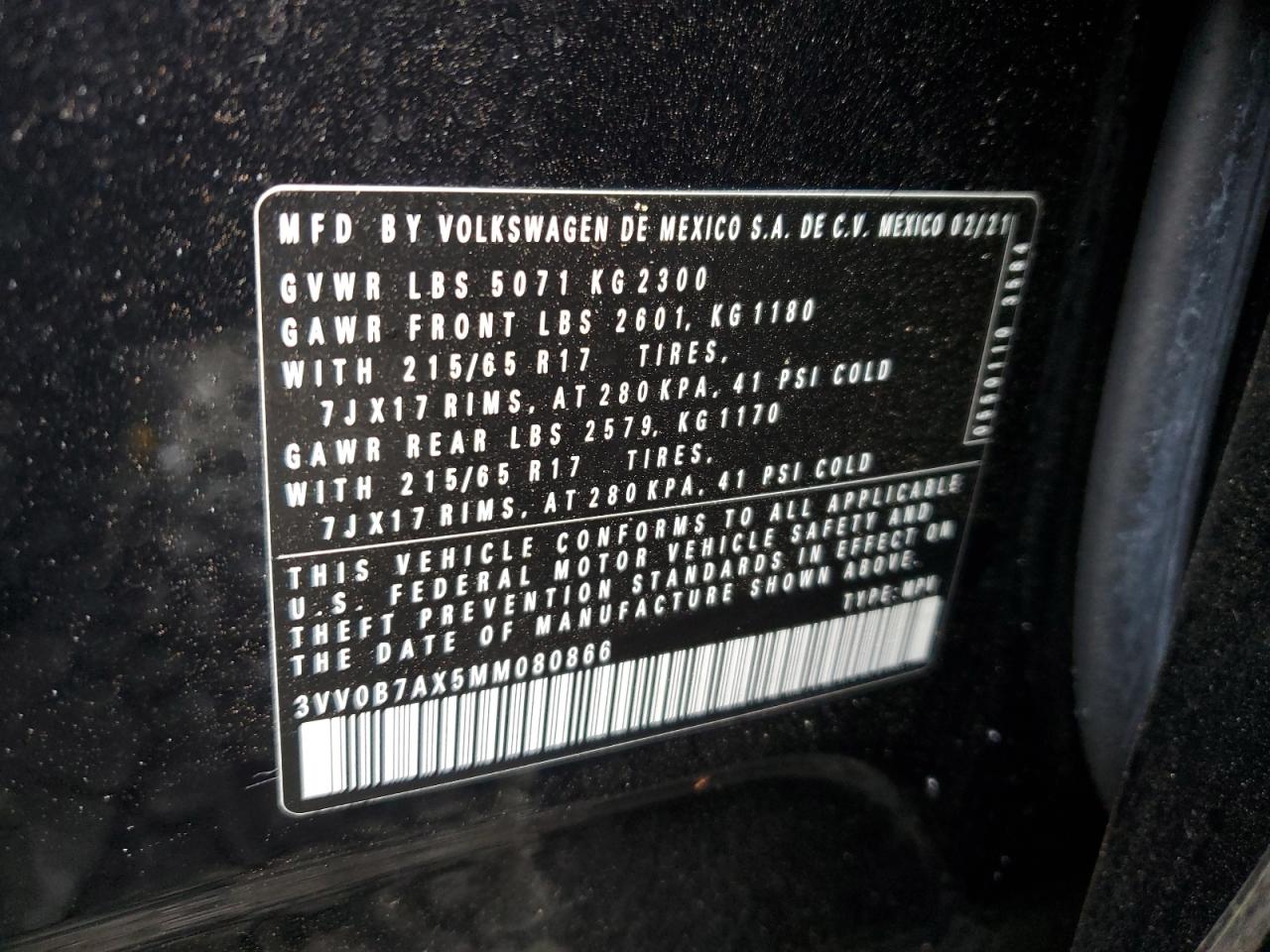 2021 Volkswagen Tiguan S VIN: 3VV0B7AX5MM080866 Lot: 86284405