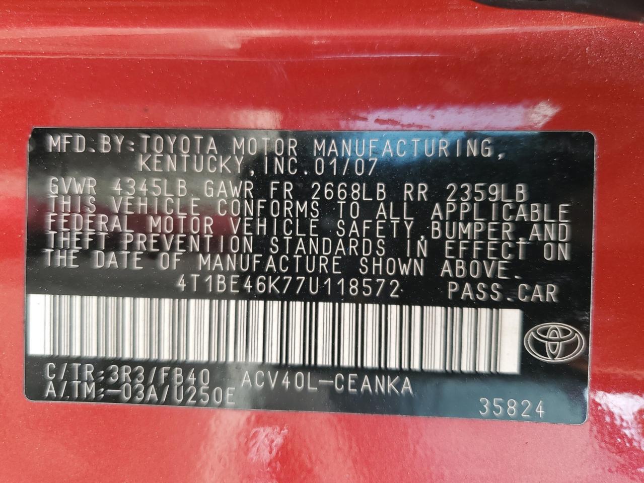 2007 Toyota Camry Ce VIN: 4T1BE46K77U118572 Lot: 81939665