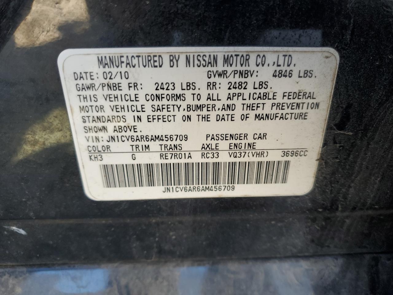 2010 Infiniti G37 VIN: JN1CV6AR6AM456709 Lot: 82682725