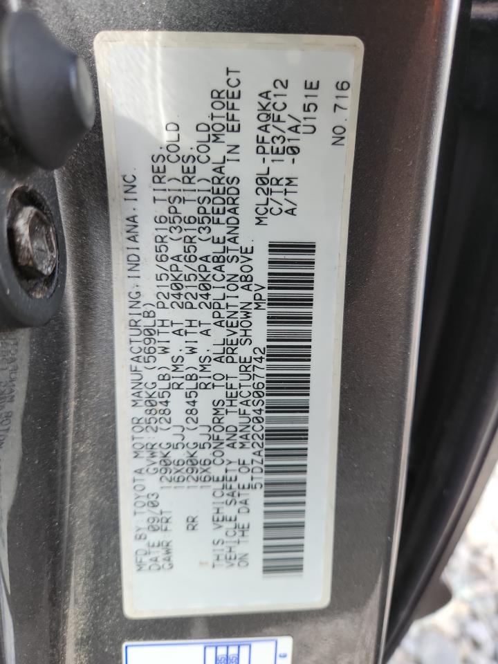 2004 Toyota Sienna Xle VIN: 5TDZA22C04S067742 Lot: 84646985