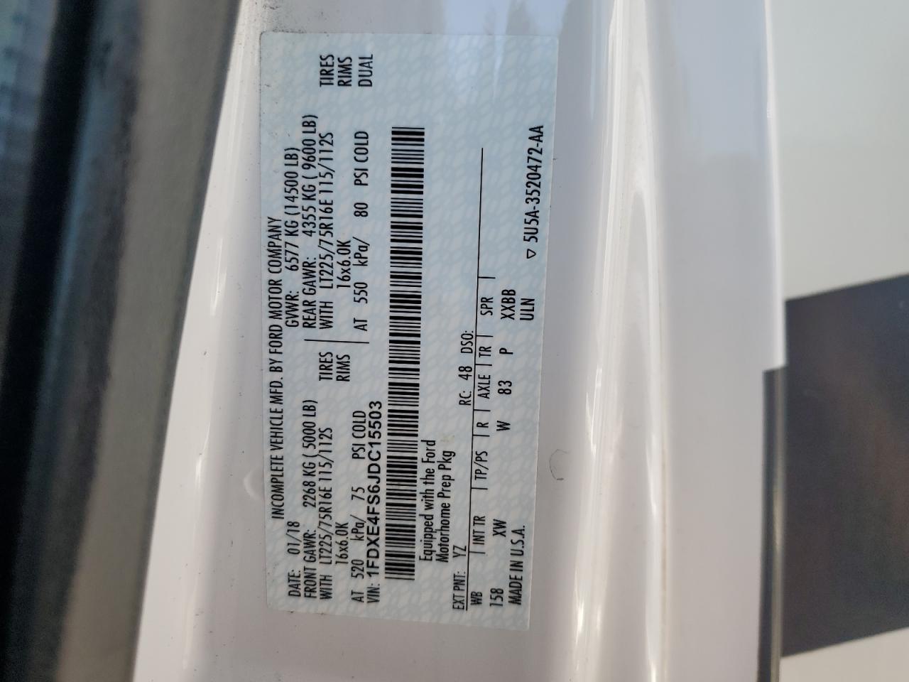 2018 Ford Econoline E450 Super Duty Cutaway Van VIN: 1FDXE4FS6JDC15503 Lot: 82184045