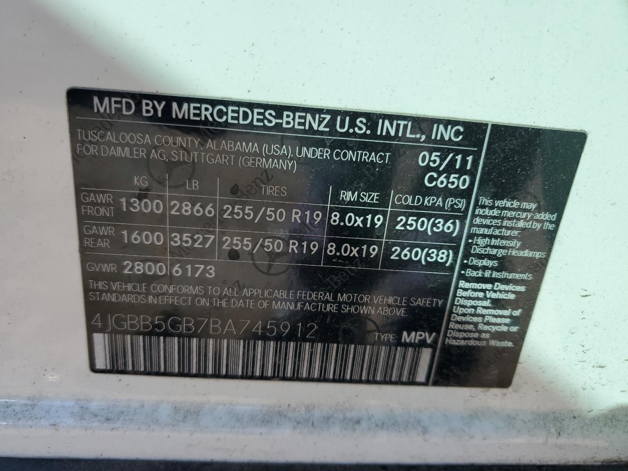 2011 Mercedes-Benz Ml 350 VIN: 4JGBB5GB7BA745912 Lot: 82629375