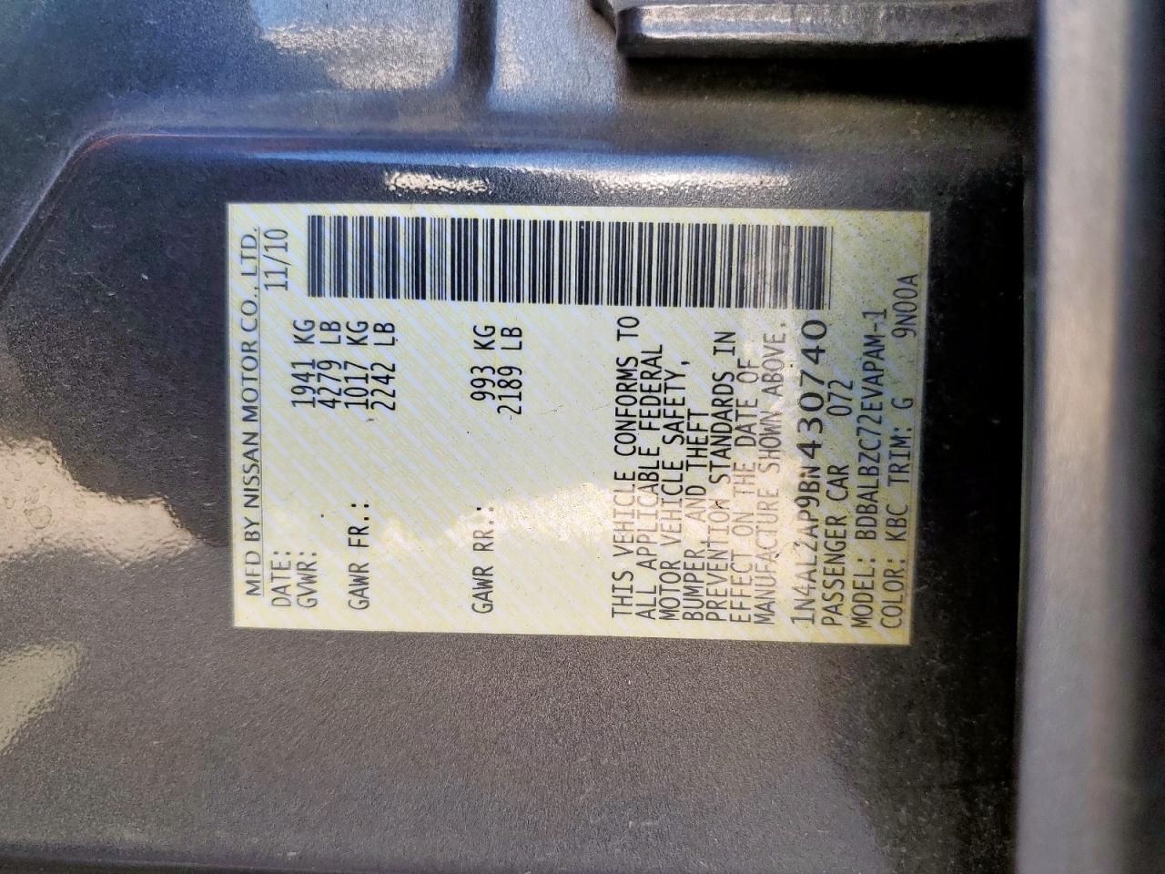 2011 Nissan Altima Base VIN: 1N4AL2AP9BN430740 Lot: 85356315