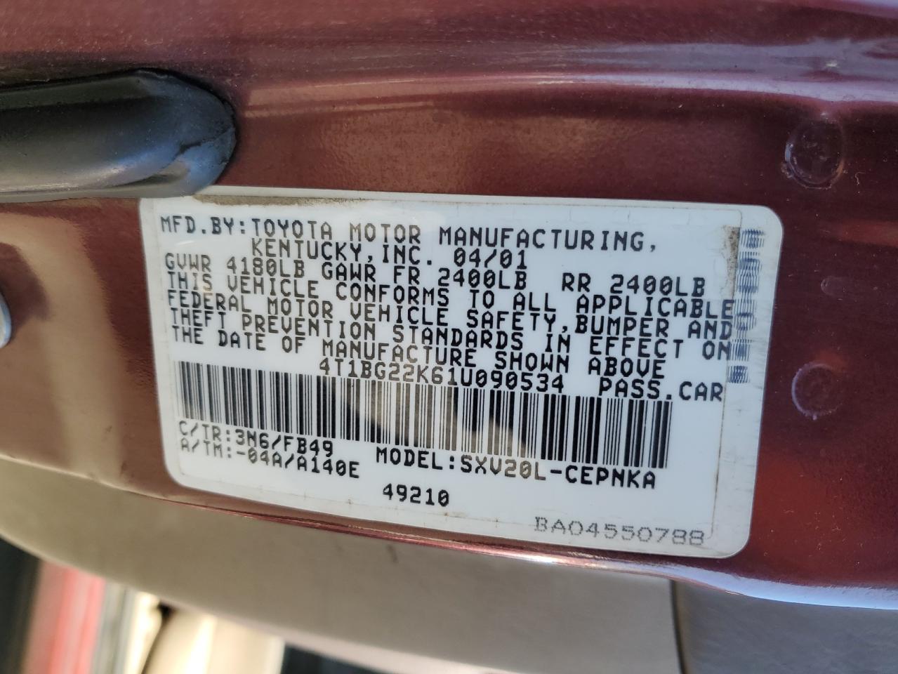 2001 Toyota Camry Ce VIN: 4T1BG22K61U090534 Lot: 84958385