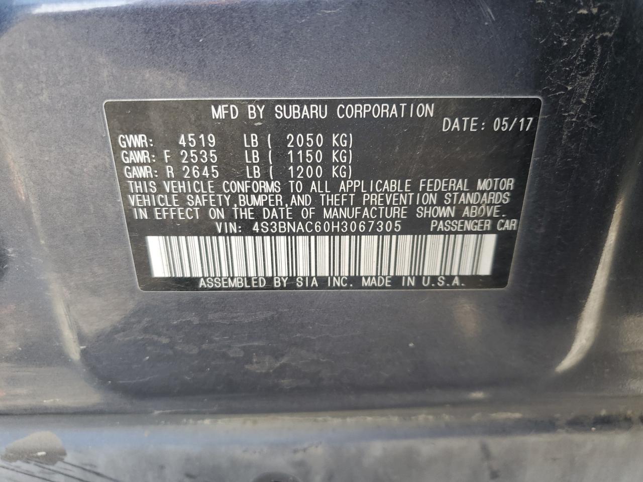 2017 Subaru Legacy 2.5I Premium VIN: 4S3BNAC60H3067305 Lot: 86108505