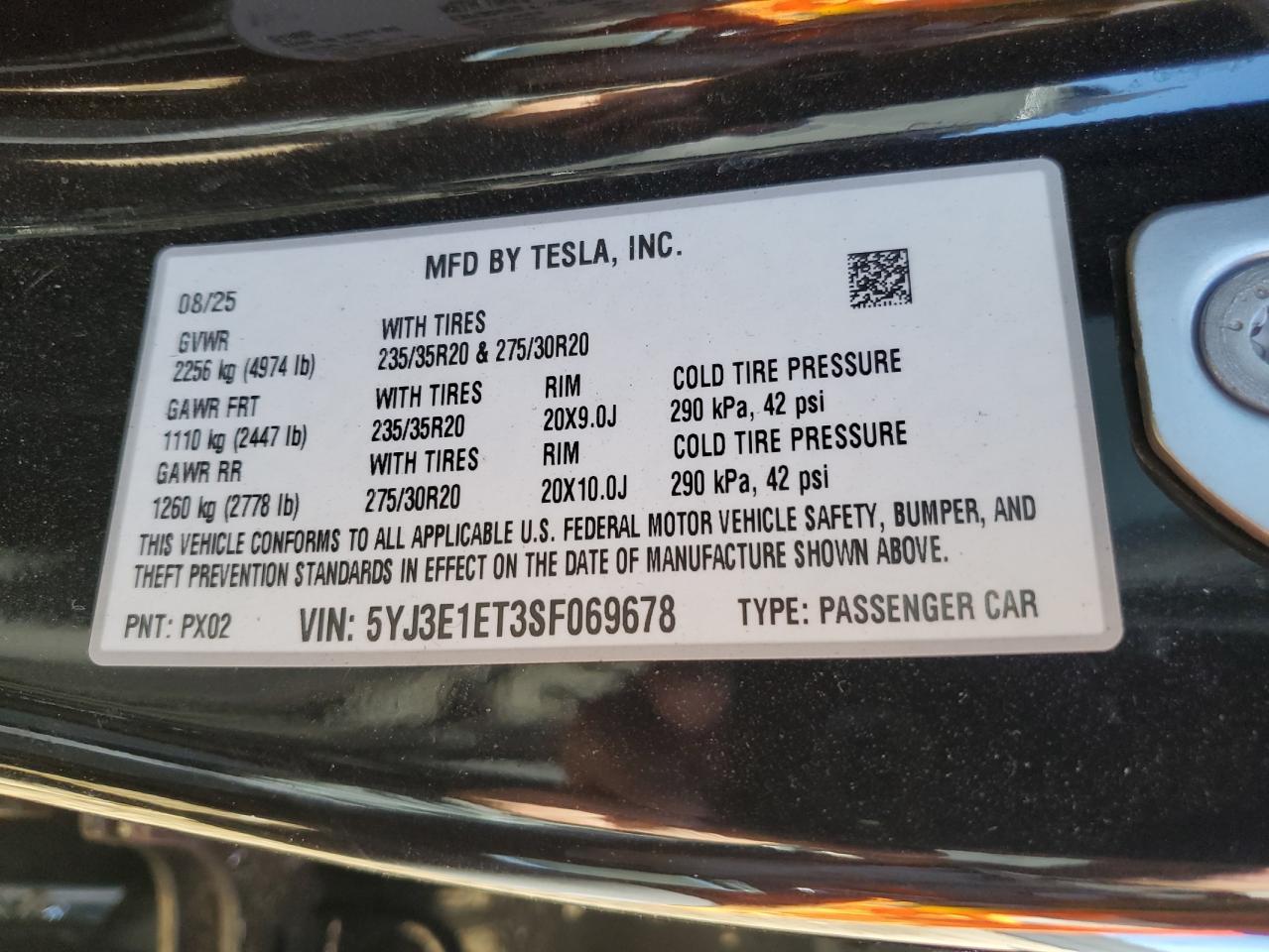 2025 Tesla Model 3 VIN: 5YJ3E1ET3SF069678 Lot: 90146435