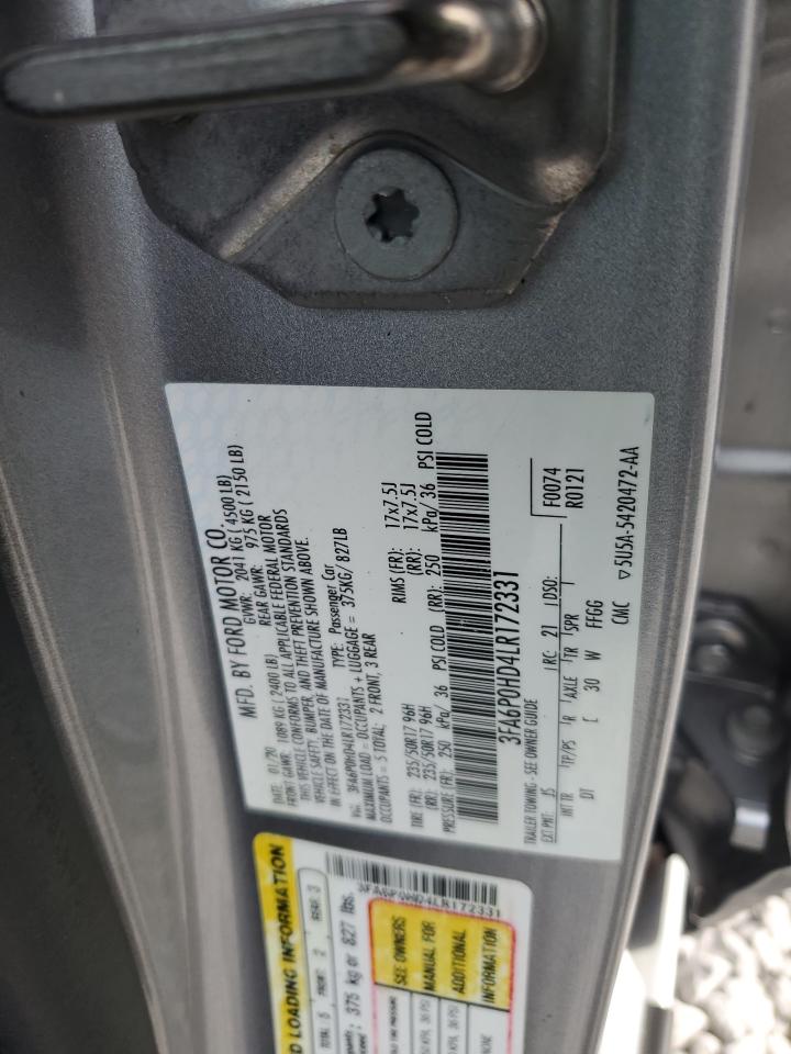 2020 Ford Fusion Se VIN: 3FA6P0HD4LR172331 Lot: 86848585