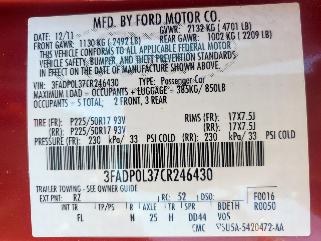 2012 Ford Fusion VIN: 3FADP0L37CR246430 Lot: 81912965