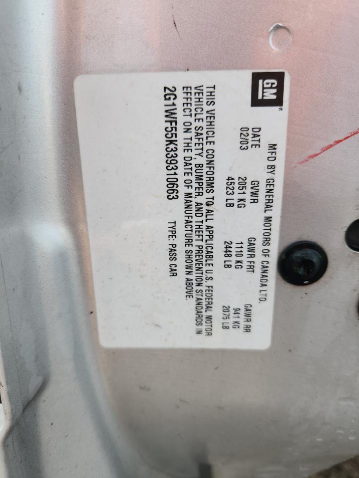 2003 Chevrolet Impala VIN: 2G1WF55K339310663 Lot: 85503015