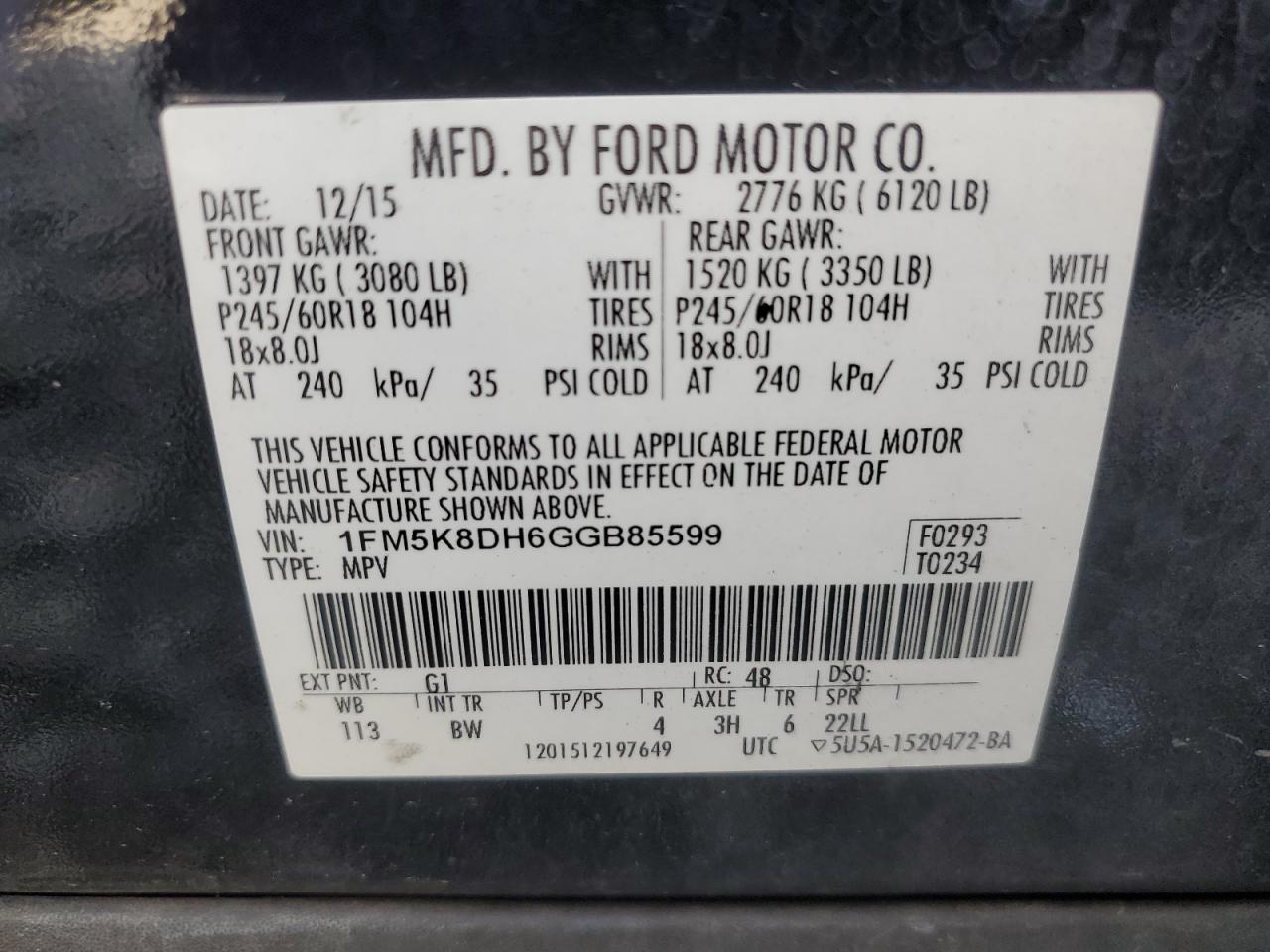 2016 Ford Explorer Xlt VIN: 1FM5K8DH6GGB85599 Lot: 85898435