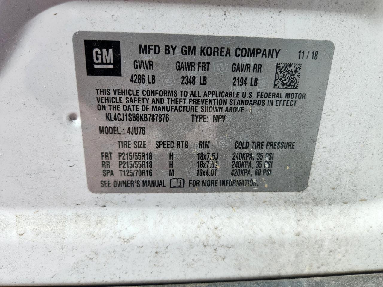 2019 Buick Encore Sport Touring VIN: KL4CJ1SB8KB787876 Lot: 86336185