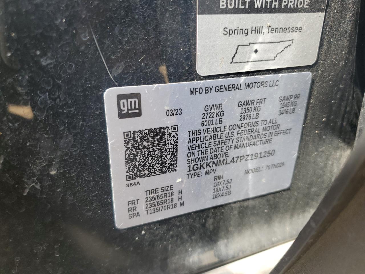 2023 GMC Acadia Slt VIN: 1GKKNML47PZ191250 Lot: 85188005