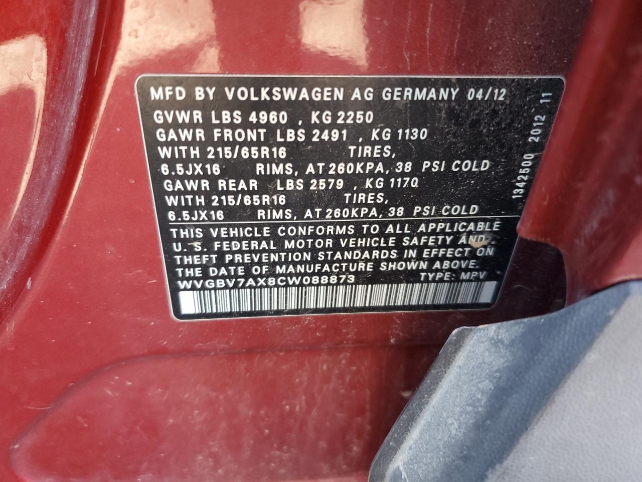 2012 Volkswagen Tiguan S VIN: WVGBV7AX8CW088873 Lot: 84071415