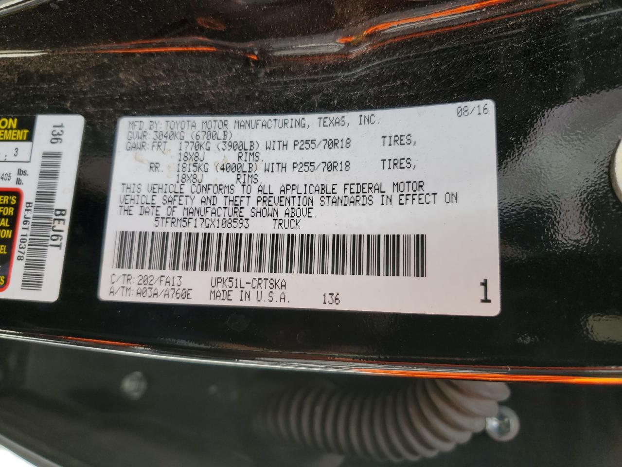 2016 Toyota Tundra Double Cab Sr VIN: 5TFRM5F17GX108593 Lot: 85887795