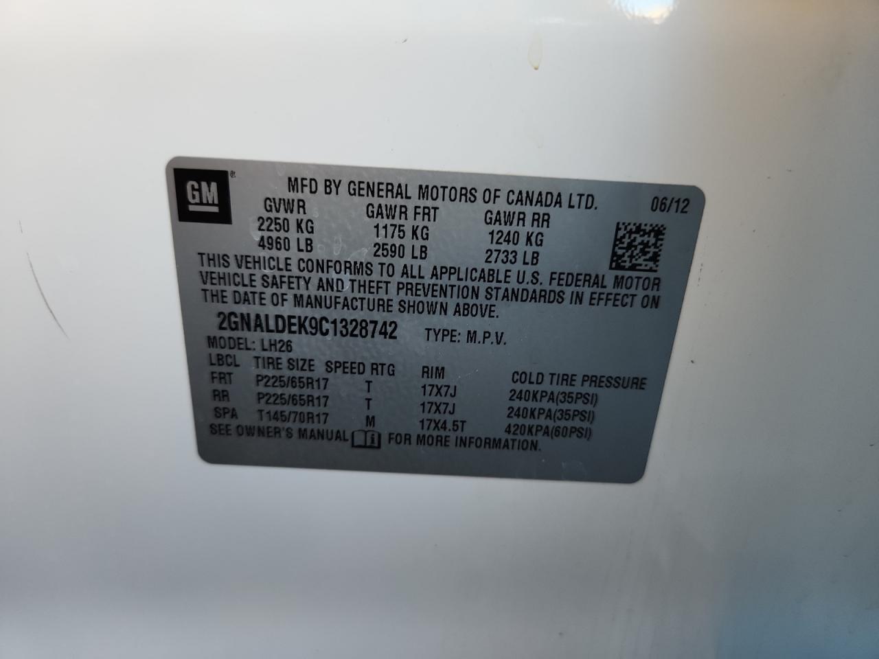 2012 Chevrolet Equinox Lt VIN: 2GNALDEK9C1328742 Lot: 85139035