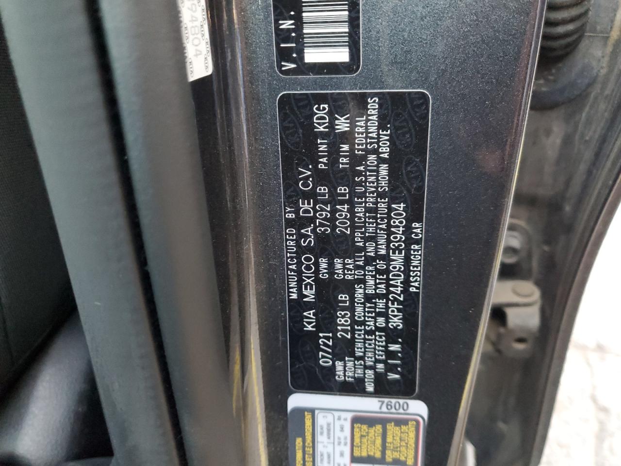 2021 Kia Forte Fe VIN: 3KPF24AD9ME394804 Lot: 85124855