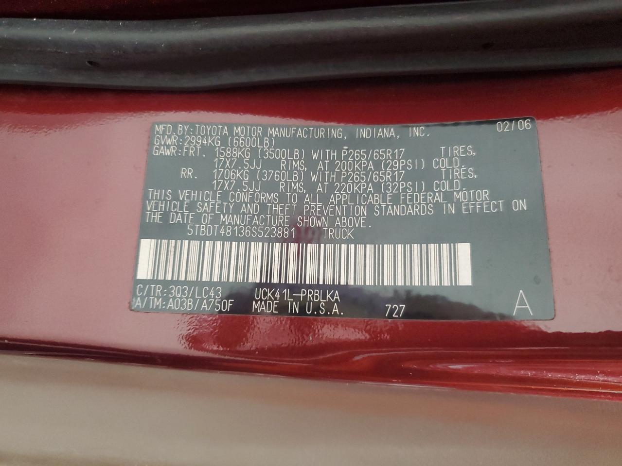 2006 Toyota Tundra Double Cab Limited VIN: 5TBDT48136S523881 Lot: 86122225