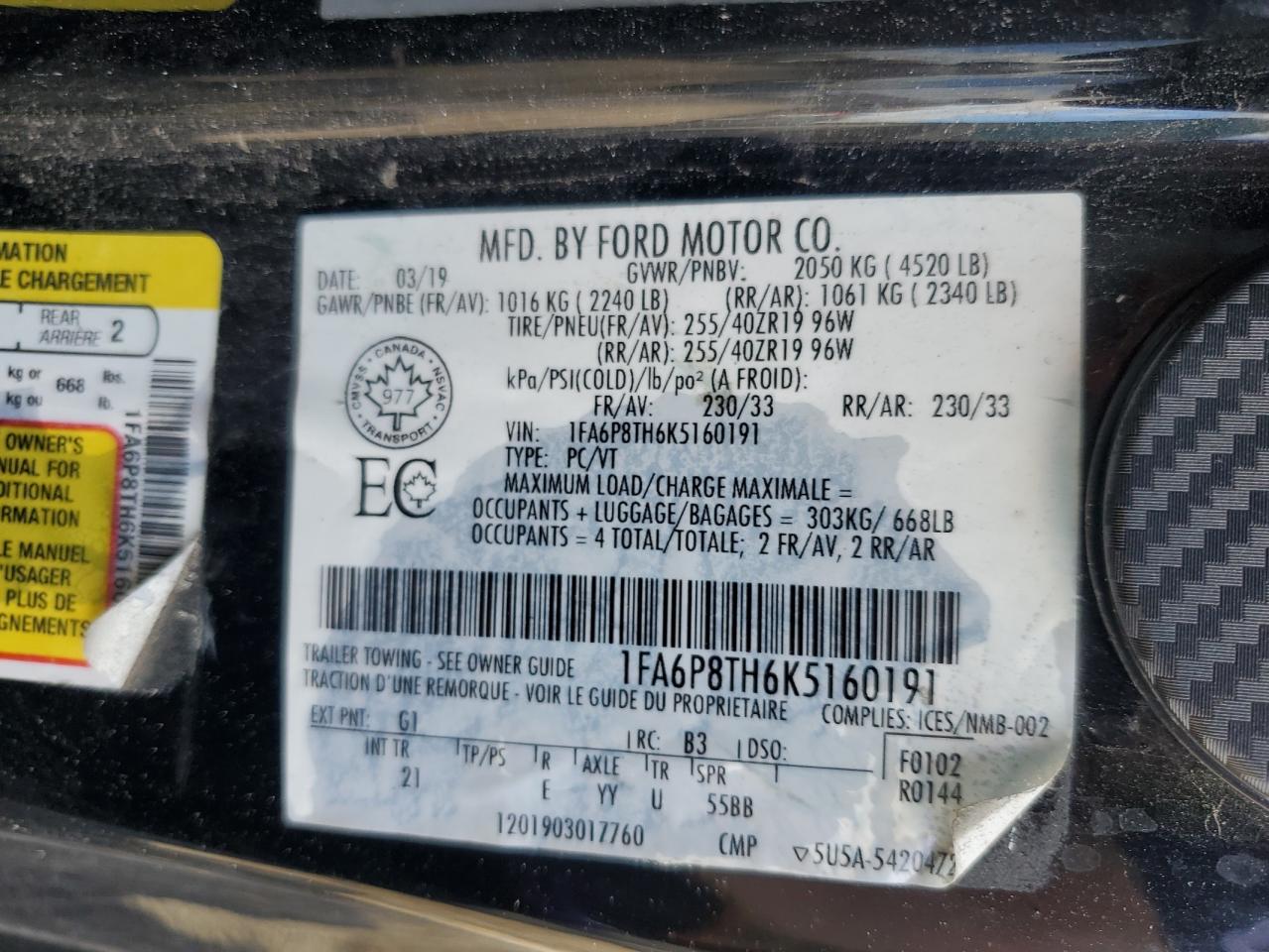 2019 Ford Mustang VIN: 1FA6P8TH6K5160191 Lot: 89535995