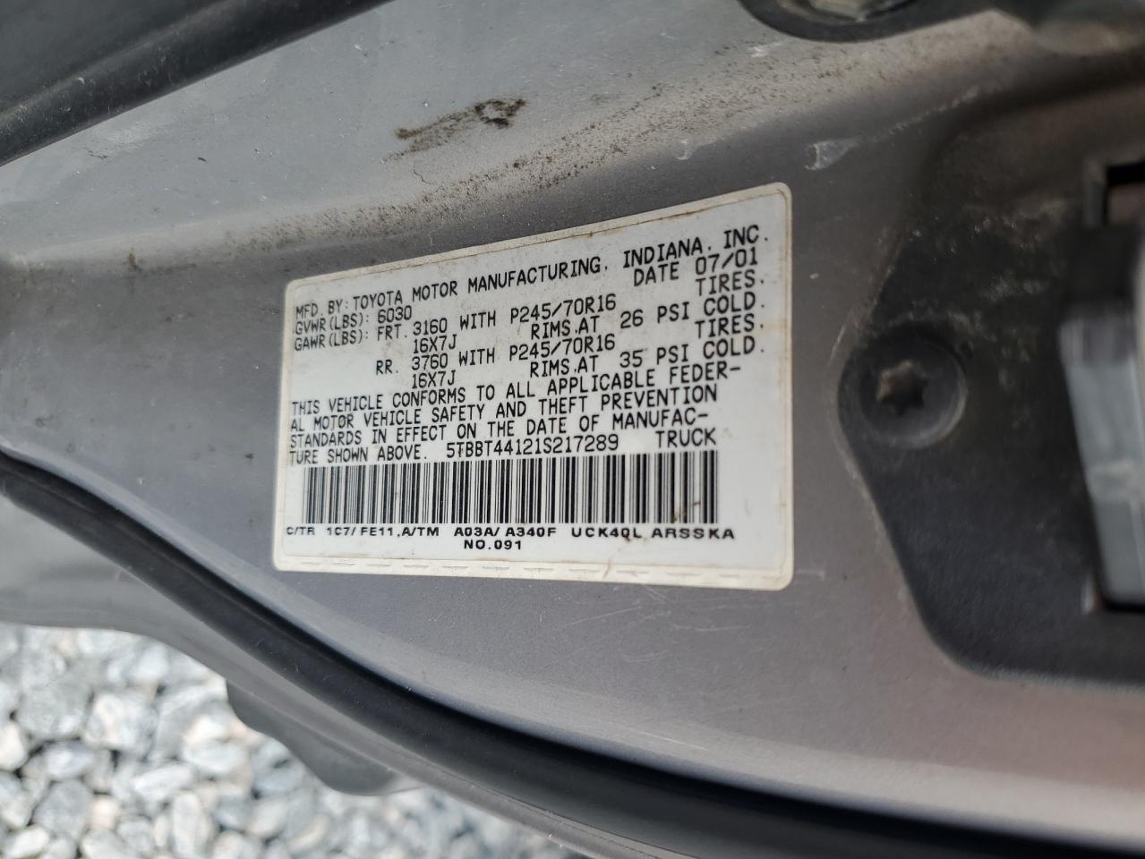 2001 Toyota Tundra Access Cab VIN: 5TBBT44121S217289 Lot: 85857565