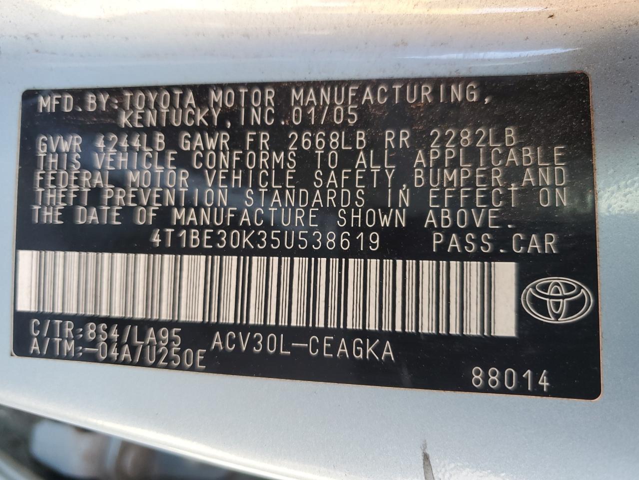 2005 Toyota Camry Le VIN: 4T1BE30K35U538619 Lot: 84414135