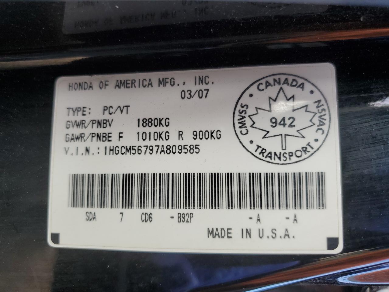 2007 Honda Accord Ex VIN: 1HGCM56797A809585 Lot: 81484835